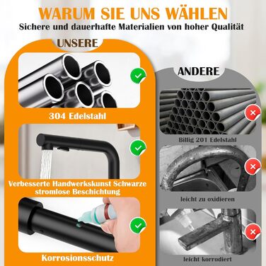 Змішувач кухонний водяний чорний, висувний з душем, 360° поворотний, 2 режими розпилення, для кухні, нержавіюча сталь