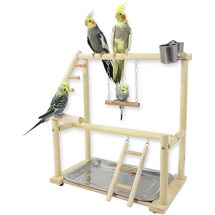 Budgie Playground Bird Playground with Feeder Cup Toy, Ladder, Climbing, Swing, and Tray for Canaries, Parakeets, Budgies, Wood, Size 45x37x26 cm #A (Wood 006)