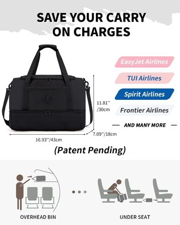 Спортивна сумка Wandf для ручної поклажі літака (45x36x20 см) з відділенням для взуття та мокрих речей, чорна