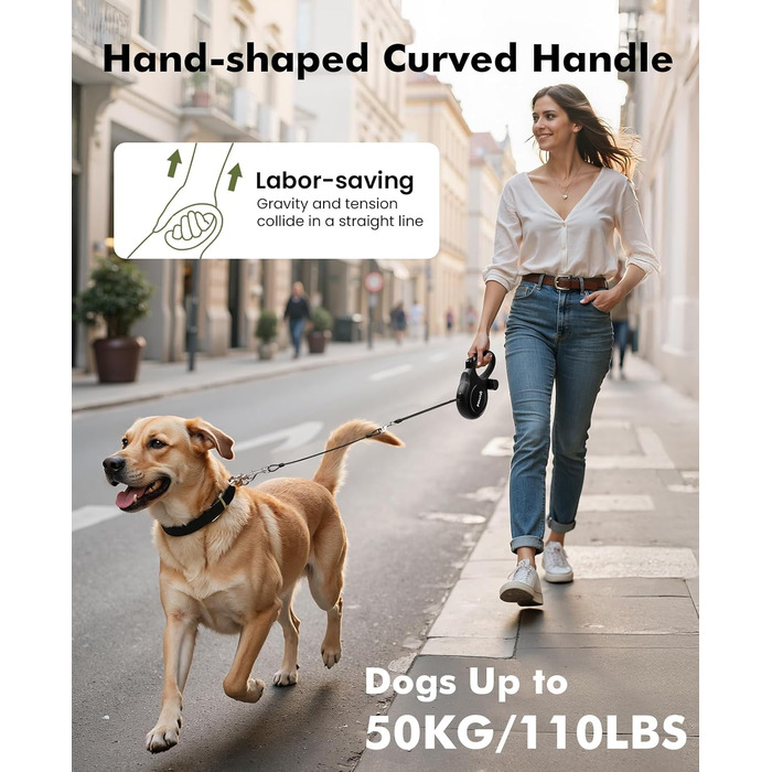 Рулетка для собак Pecute 8м, бісостійка, з набором для збору відходів, 360° антизаплутування, для собак середніх та великих (15-50кг), зелена