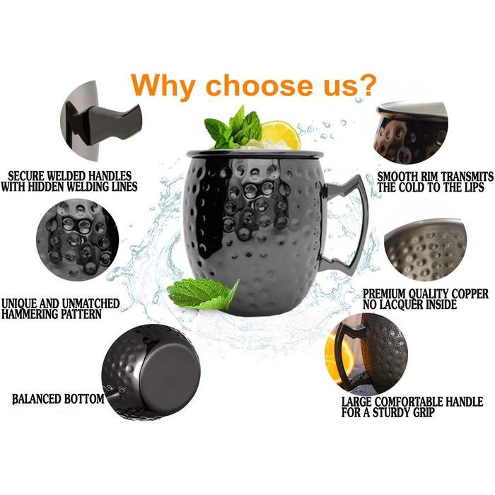 Moscow Mule Mug Set, 4-Piece, Gunmetal Black 550ml, Moscow Mule Mug with 4 Cups, 4 Straws, 1 Measuring Cup for Cold Drinks, Beer, Gin, Vodka, Cocktails, and Water Enjoyment