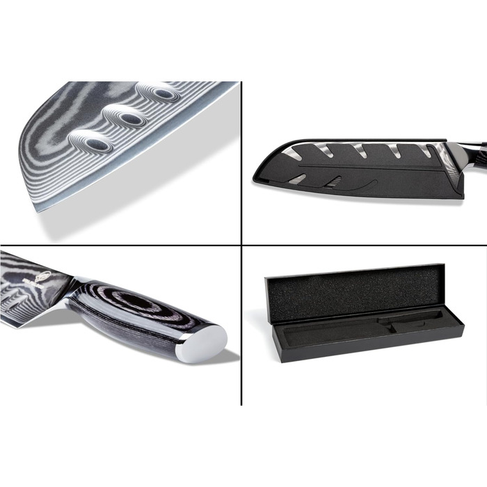 Професійний кухонний ніж Santoku Wolfblood PRO XL 31 см з 67-шарової дамаської сталі з дерев'яною ручкою, подарункова коробка та чохол