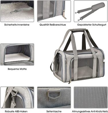 Транспортна сумка для кота та собаки, складана переноска для домашніх тварин середнього розміру (51 x 33 x 33 см, сіра)