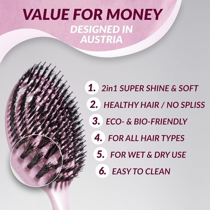 Щітка для волосся marQus Bio з щетиною дикого кабана без заплутування - розпушувач з подвійною спіральною пружиною - професійна щітка для розчісування всіх типів волосся, екологічні матеріали - для мокрого та сухого волосся, блиск, об'єм, Blush Blush-Shin