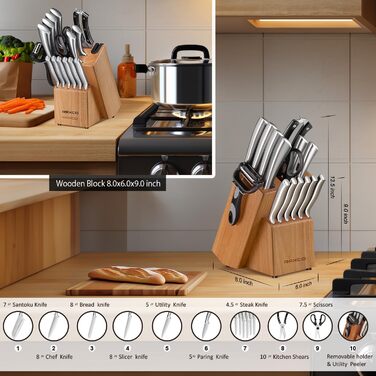 Набір кухонних ножів RAXCO, 18 предметів: кухонні ножі, стекові ножі, шліфувальник, з бруском