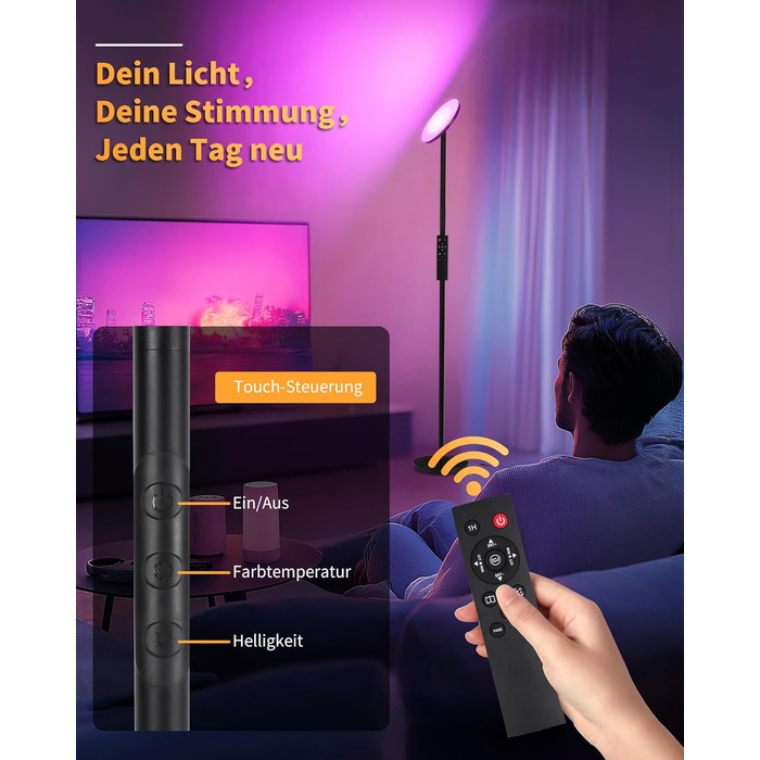 Стійка лампа LuminexDesigns з полицею, 36W+7W LED, диммування, 3200LM+600LM, сучасний дизайн, для вітальні та як настінний світильник, з пультом керування, 2700K-6500K, чорний колір
