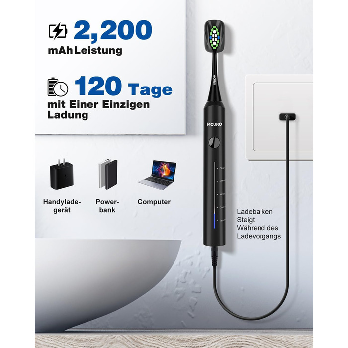 Електрична зубна щітка Sonic, 45000 VPM, відбілювання за тиждень, 120 днів роботи акумулятора, індикатор заряду, 6 насадок DuPont, 5 режимів, таймер, чорна