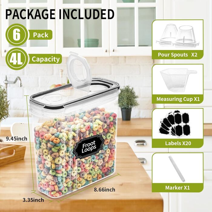 Skroam Muesli Containers, 6 Pack, Airtight Food Storage Containers with Lids, Plastic, Cereal Dispenser for Kitchen and Pantry, Organizer and Storage, Measuring Cup and 20 Labels