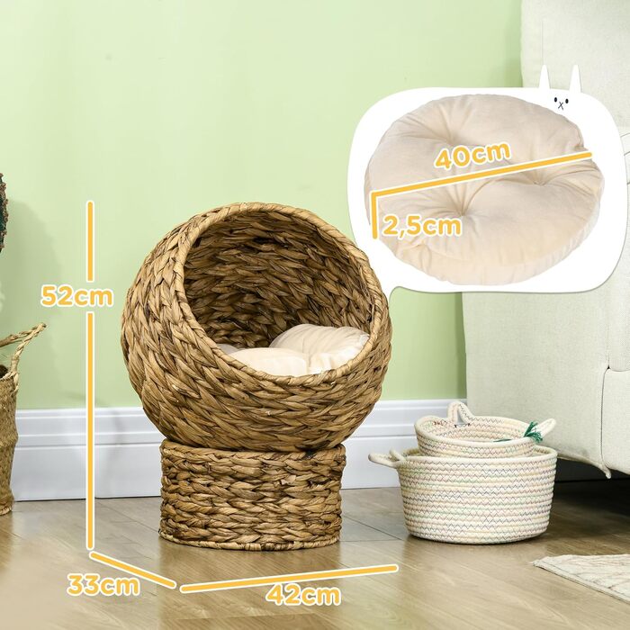 Котячий будиночок PawHut з водяної гіацинти, з подушкою, коричневий, 42x33x52 см – кошик-лежак для котів