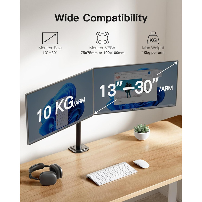 Кріплення для монітора HUANUO для 2 моніторів, 13-30 дюймів, геймерське, регулювання висоти, нахил, поворот, 10 кг/arm, VESA 75/100