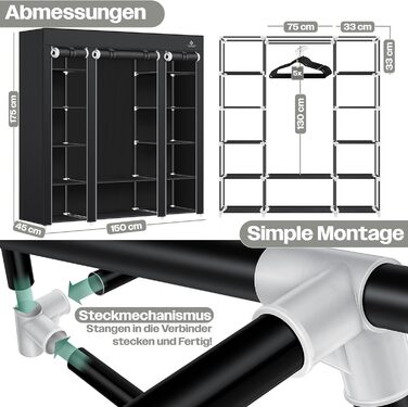 KESSER® Wardrobe Fabric Clothes Rack Stable with Clothes Rail & Shelves, Incl. 5x Clothes Hangers, Fabric Folding Wardrobe for Bedroom, Dressing Room Clothes Rack 150x45x175cm (Black)