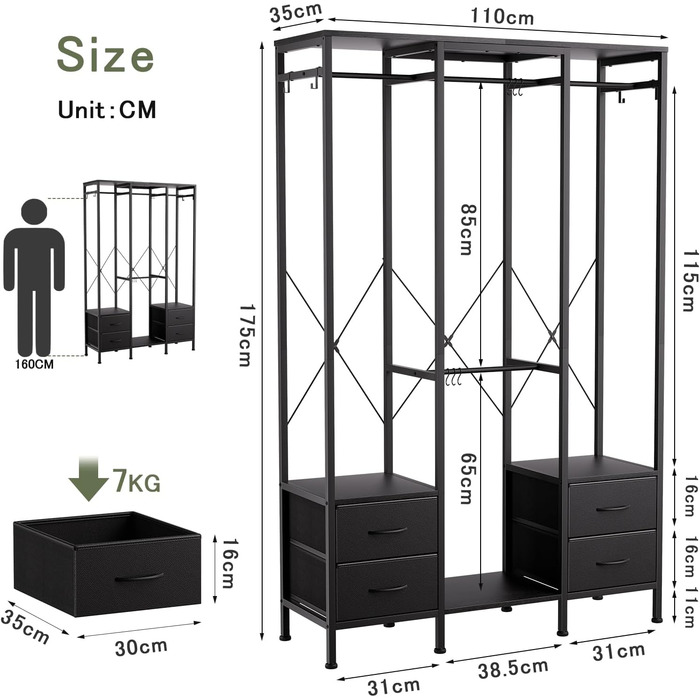Відкрита шафа для одягу, вішалка для одягу, гардеробна стійка з 4 шухлядами, стабільна вішалка для спальні, вітальні, передпокою (Чорний)