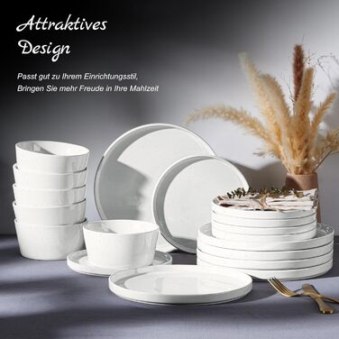 Набір посуду Homikit на 6 осіб: тарілки, миски, десертні тарілки, тарілки для їжі, з реактивною глазур’ю, кераміка, безпечний у мікрохвильовці та посудомийній машині, білий, 18 шт.