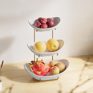 Трьох'ярусна фруктова тарілка Acliys з кераміки (золото) – для зберігання фруктів, овочів, снеків та десертів