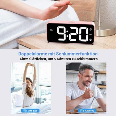 Цифровий LED будильник LATEC з 2 сигналами будильника, функцією Snooze, USB-портом для зарядки, регулюванням яскравості та гучності (90-120 дБ), 8 мелодій, формат 12/24г, мережевий, Рожевий