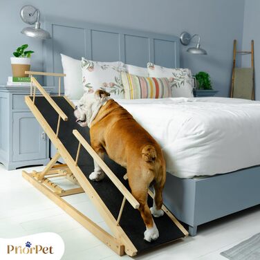 Сходинки для собак PRIORPET з берези з поручнями - регульована висота до 94.5 см - складаються - антиковзаюча поверхня - для маленьких собак до 23 кг - натуральне дерево