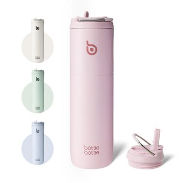 Пляшка для води BOTTLE BOTTLE 750 мл з соломинкою, кришкою та ручкою - не протікає, BPA-free, подвійні стінки, рожева. Ідеальна для спорту, подорожей та фітнесу.