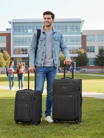 Набір валіз SMARTBOX 3 шт. для жінок та чоловіків | Легкі та міцні валізи-ролери, якісний softcase, 4 колеса та кодовий замок | Розширювані валізи (Чорний колір, валіза M (67 см))