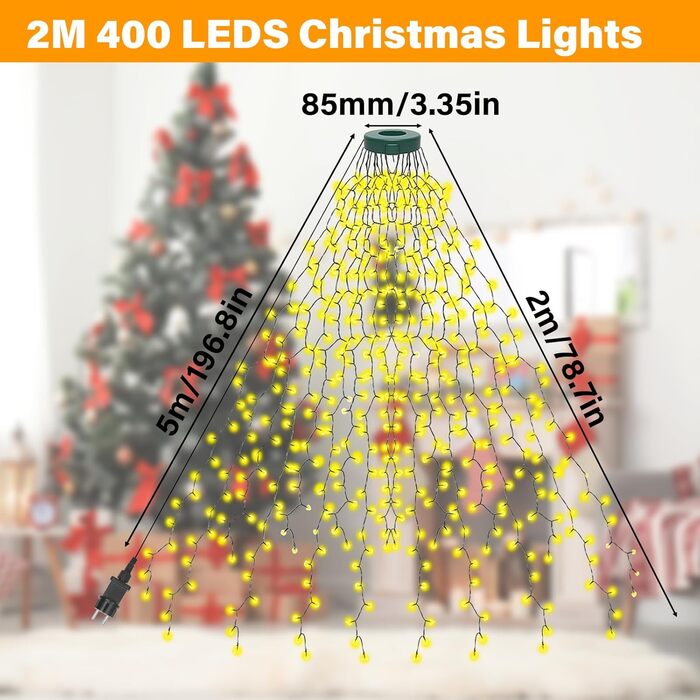 Льохтеркетка Withosent для ялинки, 2м, 400 LED, з кільцем, IP44, пам'ять, вологостійка, 8 режимів, тепле біле світло, для декору ялинки в приміщенні та на вулиці