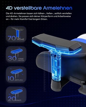 Ігровий крісло Dowinx з 4D підлокітниками, функцією гойдання 15° та регулюванням спинки до 165°, масажний, ергономічний, дизайн у стилі гоночного авто, для геймерів, Esport, максимальне навантаження 135 кг (блакитний)