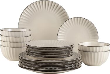 MÄSER 931967 Osita Retro Tableware Set for 6 People with Wave Design, 18-Piece Round Dinnerware Set with Dinner Plates, Dessert Plates, and Muesli Bowls, Dinnerware Set, Stoneware, Cream White Combination Service
