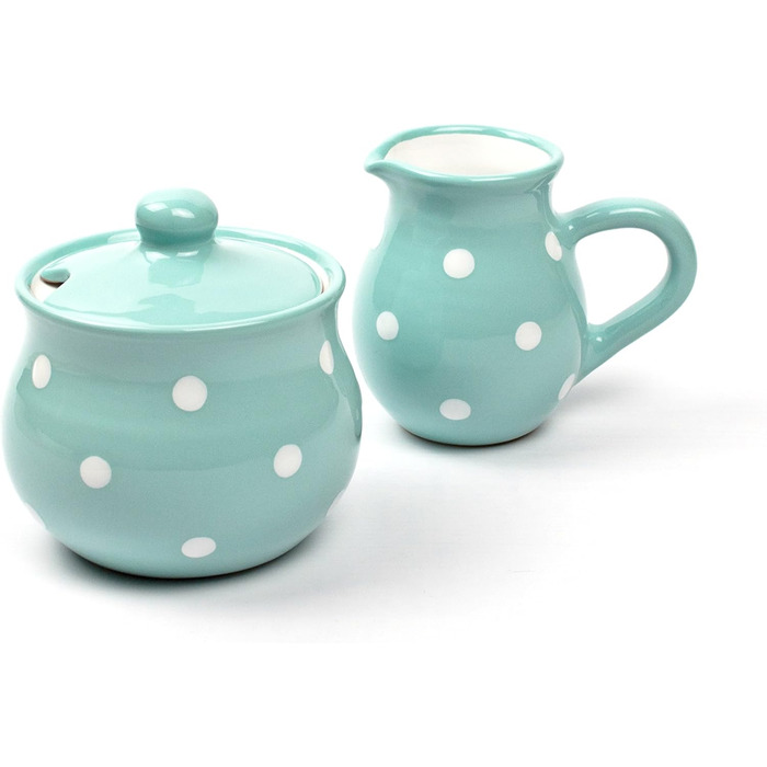 Sugar and Milk Set, Turquoise Milk Jug and Sugar Bowl with Hand-Painted White Dots, Sugar Bowl with Lid, Creamer made of Ceramic, Dishwasher Safe.