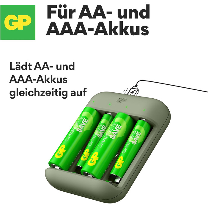 Зарядний пристрій GP Charge&Save для батарейок AA AAA з USB-C, 4 слоти, швидка зарядка, LED-індикатор, компактний дизайн