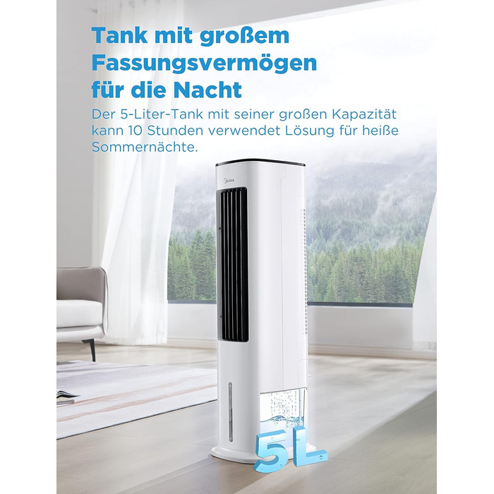 Midea 4-in-1 Portable Air Conditioner, Tower Fan with Water Cooling & Humidifier - Mobile Air Cooler with 5L Water Tank, 355m³/h Airflow, Ionizer, Remote Control (55W, White)