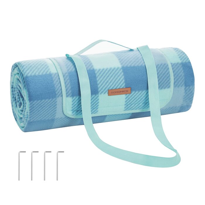 Плед для пікніка SONGMICS 200x200 см, водонепроникний, з 4 кілочками, для парку, саду, пляжу, складаний, зелено-блакитний