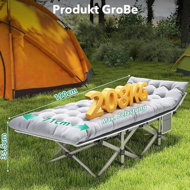 Розкладне ліжко Feldbett з матрацом, до 208 кг, сіре, XL 190x71x35 см - для кемпінгу, саду, пляжу, гостей