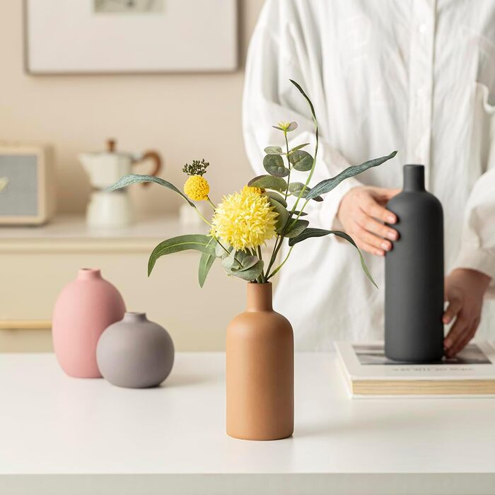 Modern Ceramic Vase Set - 4 Piece, Morandi Colors, Minimalist Table Decor, Nordic Style, Neutral Boho Scandinavian Vase Set (Black)