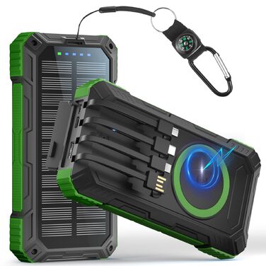 Портативний зарядний акумулятор Power Bank 56800mAh з сонячною панеллю, 30W, USB C, 6 виходів, SOS LED, компас, чорно-зелений