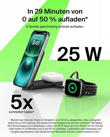 Belkin UltraCharge Qi 2.2 Зарядна станція 2-в-1 25W MagSafe сумісна, бездротова зарядка для iPhone 17, iPhone Air, AirPods, Pixel – Чорний