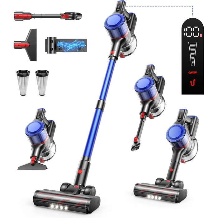 Бездротовий пилосос Fieety 550W з акумулятором, 45000Pa, 60 хвилин роботи, 6-в-1, тихий, з арома-пластиною, для твердих поверхонь, килимів та шерсті тварин