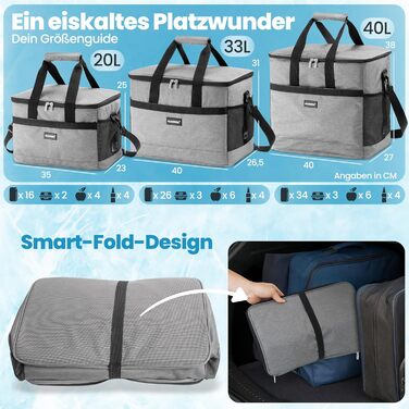 Термосумка HELDENWERK 40L з 7 відділеннями – велика, складна, для пікніка, ланчу, виїздів, сірого кольору, 12 годин охолодження, витримує 40L, з посиленим дном