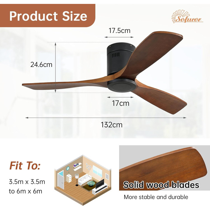 Стеляний вентилятор Sofucor з пультом керування, дерев'яний вентилятор з 3 лопатями, 132 см, тихий, 6 швидкостей, таймер, DC двигун, режим літо/зима для спальні без освітлення + монтаж врізний, темне дерево