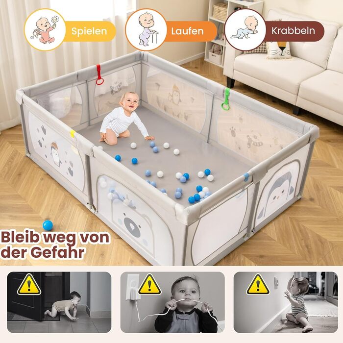 DREAMADE 200 x 140 cm Baby Playpen, Playard with 50 Balls & Carry Bag, Crawling Gate for Indoor & Outdoor Use (Grey-Penguin, without mattress) Grey-Penguin without mattress