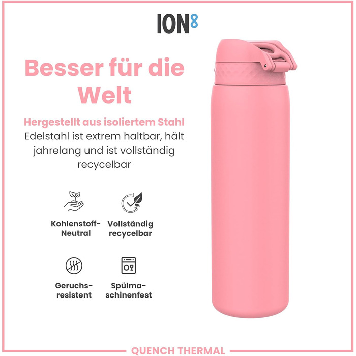 Ion8 Vacuum Insulated Stainless Steel Water Bottle, 1 Liter, 920 ml, Leak-Proof, One-Handed Opening, Secure Locking, Dishwasher Safe, Carrying Handle, Durable, Ideal for Sports and Yoga (OneTouch 2.0, Rose Pink)
