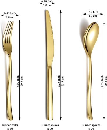 Berglander Gold Wedding Cutlery Set 60pcs Service for 20, Titanium Coated Stainless Steel Cutlery Set, Gold Spoon Fork Knife Set for Home, Wedding, Restaurant, Dishwasher Safe