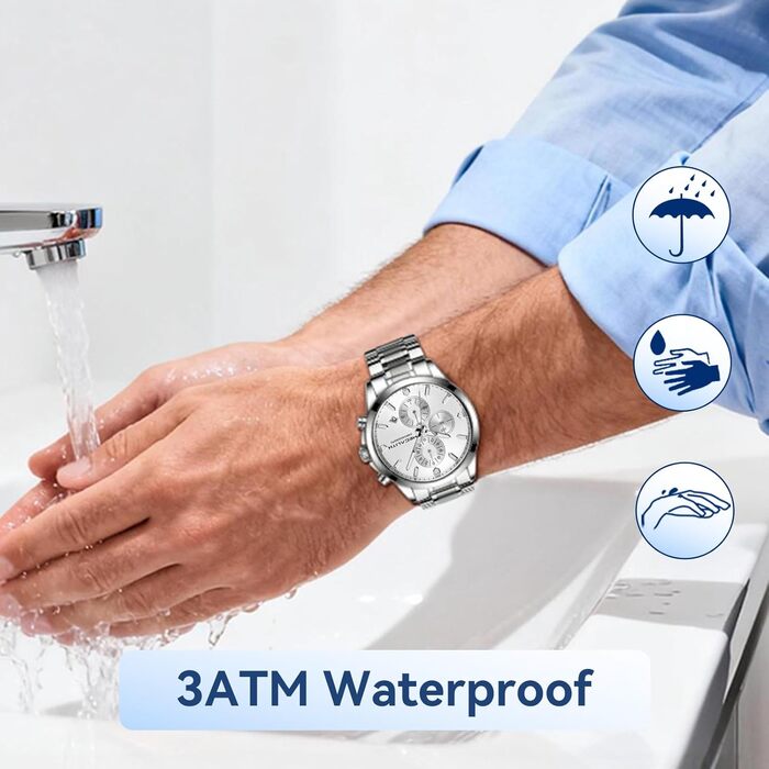 MEGALITH Чоловічий годинник з нержавіючої сталі, Хронограф, Водостійкий, Аналоговий годинник для чоловіків, Бізнес-дизайн, Календар, Світіння (B-silver)