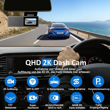 Відеореєстратор Auto Dashcam 2K з Wi-Fi, 64GB, Super Нічне Бачення, 170° Широкий Кут, G-сенсор, Циклічна Запис, IPS-дисплей, 24h Паркінг з Детектором Руху