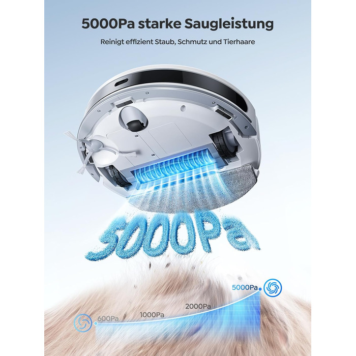 Робот-пилосос з функцією миття підлоги Vyzzle D10, LDS навігація, 5000Pa, керування через додаток/Alexa, для шерсті тварин, килимів, твердих підлог, білий