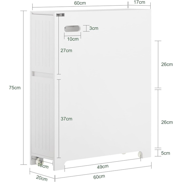 SoBuy BZR111-W Niche Shelf 20cm with Wheels Kitchen Shelf Niche Cart Roll Cart Niche Cabinet Narrow Shelf Toilet Paper Storage Bathroom Furniture White WxHxD approx. 20x75x60cm