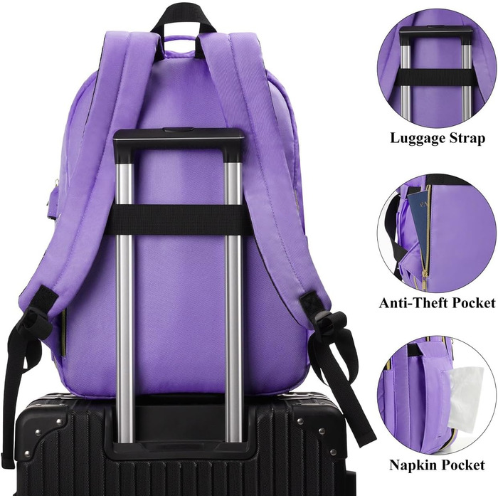 Жіночий рюкзак YAMTION: для школи, роботи, університету. USB-порт, відділення для ноутбука 15.6 дюймів, світло-зелений/світло-фіолетовий