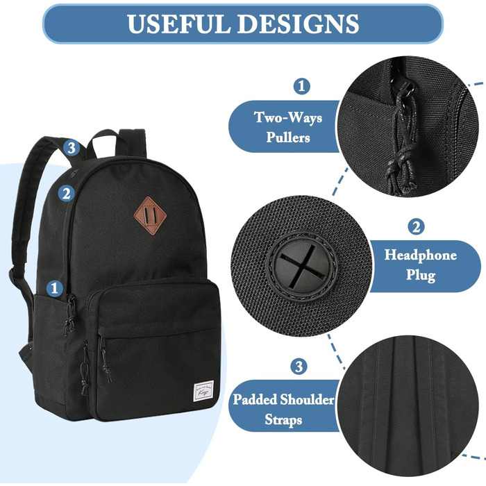 Шкільний рюкзак для підлітків: легкий, 15.6 дюймів, для ноутбука, чорний. Підходить для чоловіків, жінок, хлопців та дівчат, для школи, університету, подорожей та роботи. Об'єм 17,8 л.