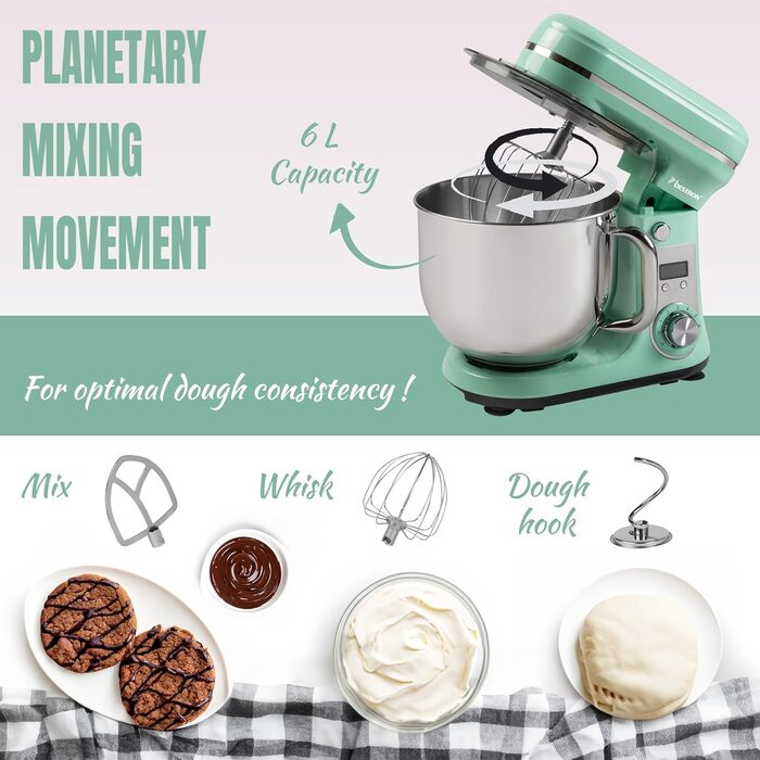 Кухонна машина Bestron Super Silent (65db) 4-в-1 з DC-двигуном, 6 л чаша, гак для тіста, вінчик, лопатка, 6 швидкостей + Pulse, м'ятний колір
