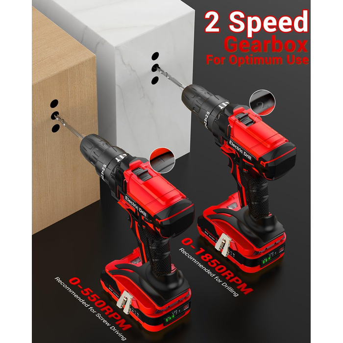 Акумуляторний шуруповерт BETENST 21V з 2 акумуляторами 2.0Ah, 42Nm, 25 моментів, 2 швидкості, LED-ліхтик, 30-ти елементний набір для дому та саду, DIY проєкти