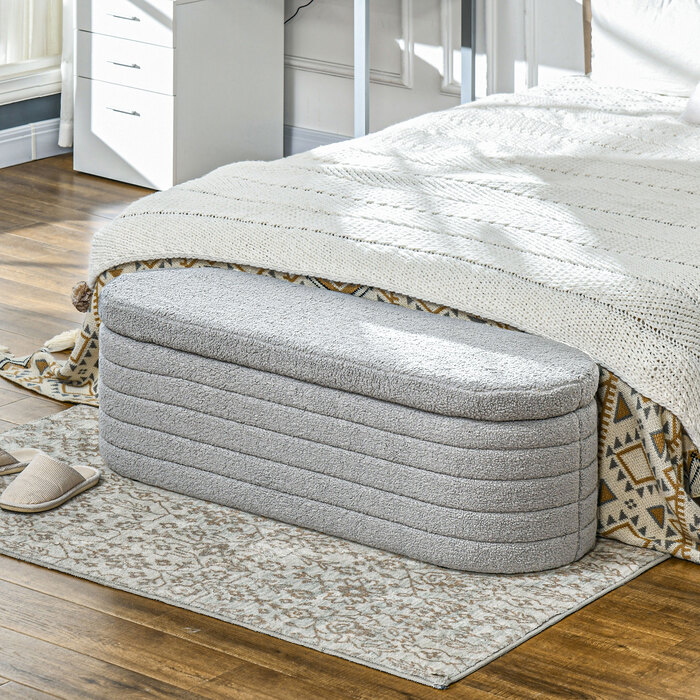 HOMCOM Bedroom Bed Bench with Storage, Wooden Legs, High Stability, Teddy Fleece, Weight Capacity 120 kg, 116 x 41 x 40.5 cm, Light Grey | Aosom