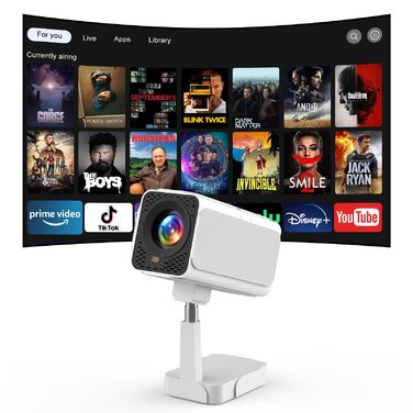 Smart Beamer Puxinat з Android TV, WiFi 6, Bluetooth 5.2: Міні проектор 1080P з авто-корекцією трапецеїдальних спотворень, регульованою підставкою та підтримкою YouTube, Netflix, Hulu