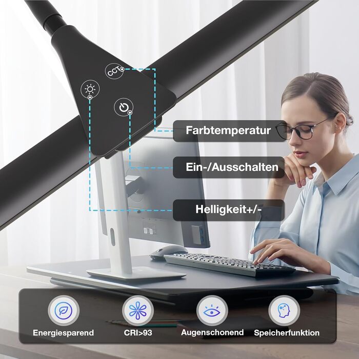 Світлодіодна лампа настільна для офісу та дому, світло для монітора, 1400 люмен, регульована яскравість, кріплення-затискач, лампа для робочого місця, гусяча шия, подвійний насадки, 5 режимів кольору та рівнів яскравості, білий колір (чорний, 80 см)